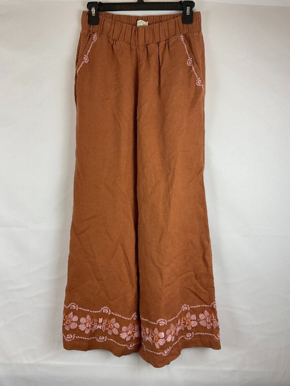 Spartina 449 Pants XS Sienna Brown Light Pink Orange Embroidery Elastic Waist